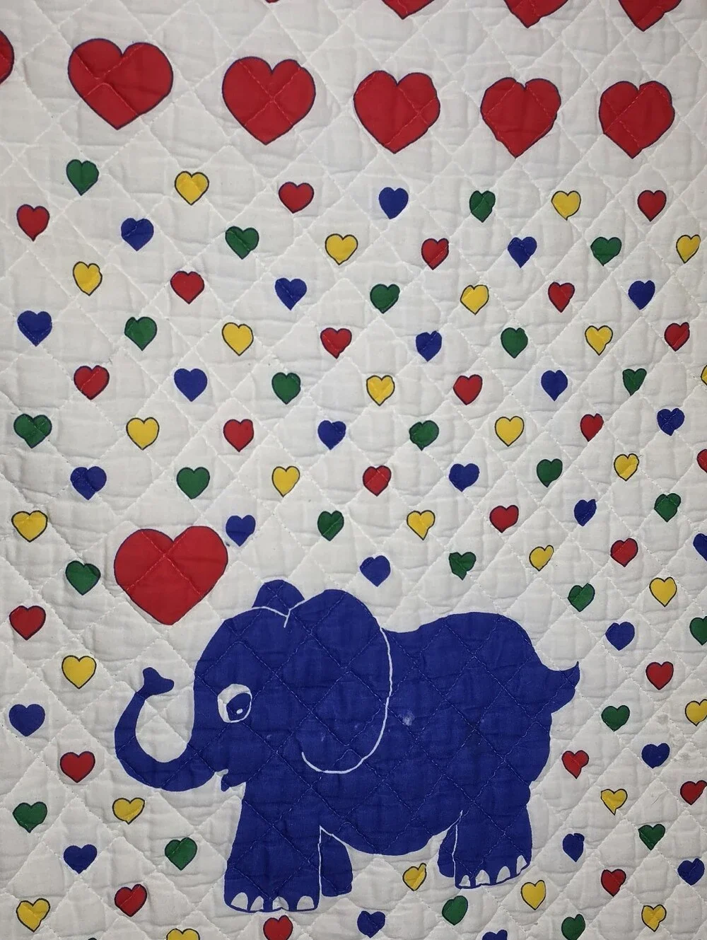 Vtg 1980s Sears Red Calliope Baby Crib Quilt Blanket Blue Elephant Hearts Ruffle